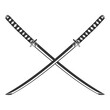 Vintage monochrome two crossed katana weapons isolated on white background. Hand drawn design element template for emblem, print, cover, poster. Vector illustration.