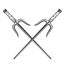 Vintage Monochrome Two Crossed Sai Weapons Isolated On White Background. Hand Drawn Design Element Template For Emblem, Print, Cover, Poster. Vector Illustration.