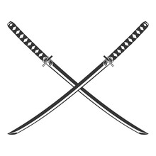 Vintage Monochrome Two Crossed Katana Weapons Isolated On White Background. Hand Drawn Design Element Template For Emblem, Print, Cover, Poster. Vector Illustration.