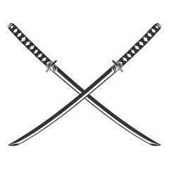 Vintage monochrome two crossed katana weapons isolated on white background. Hand drawn design element template for emblem, print, cover, poster. Vector illustration.