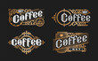 © makstrv - Hot coffee, vintage style. Set logo, emblem on a dark background. Vector illustration.