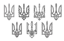 Silhouette Coat Of Arms Ukraine In Modern Geometric Style. Creative Decorative Design Of Trident. Vector Ethnic Traditional Illustration Isolated On White Background.