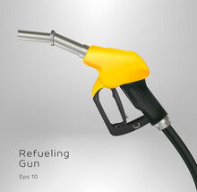 Realistic Vector Illustration Of Gas Gun, Gasoline Petrol Dispenser In Yellow And Black Colors With Metal Nozzle