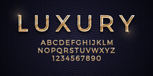 3D Vector Elegant Luxury Golden Font Isolated On Abstract Background. Premium Royal Vip Gold Alphabet Design Elements. Expensive Golden Metalic Typescript On Deep Blue Backdrop