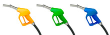 Set Of Realistic Vector Illustration Of Gas Gun, Gasoline Petrol Dispenser In Different Colors With Metal Nozzle
