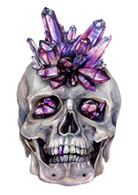 Watercolor Illustration Of Skull In Amethyst Crown With Crystals In Eyes.