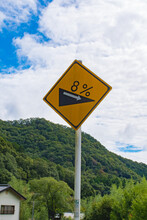 Signboard With "angle Of Inclination 8%" On The Mountain Road