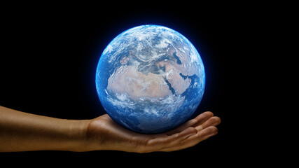 hand holding a realistic earth planet. ruling power concept using earth on hands. world globe asia t