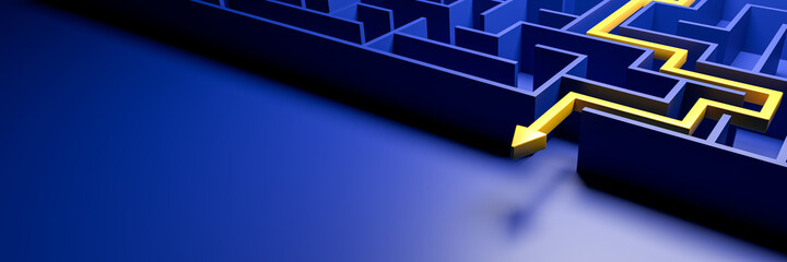 3d rendering: concept - solving a complex problem. blue maze and floor with yellow solution path wit