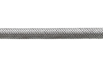 reinforced braided steel hose close-up, plumbing flexible hose binding pattern texture isolated on white background.