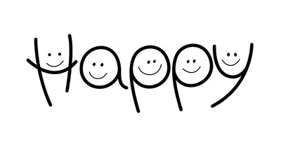 Happy word. Be Happy. Lettering. Hand drawn design element. Motivation phrase. Smile emoji