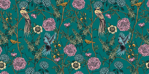 Victorian garden. Floral seamless pattern. Vector illustration.