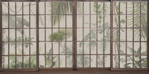 Dekoracja na wymiar  tropikalny-ogrod-botaniczny-za-oknem-dzungla-za-panoramicznymi-oknami-swietny-wybor-na-tapete-fototapete-fototapete-kartke-pocztowke-design-do-wnetrz-nowoczesnych-i-loftowych