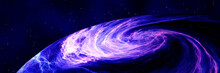 Barred Spiral Galaxy Spinning In Space Flying Through Stars.Whirlpool Galaxy Spiral Gravitational Forces. 3D Rendering.