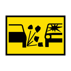 Wall Mural - Loose gravel road sign. Vector illustration of yellow rectangular warning traffic sign. Caution gravel road or verge. Loose chippings. Symbol used in Australia. Watch out for windshield.