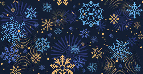 Wall Mural - winter night blue background with falling snow. christmas and new year festive design with seamless 