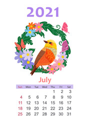 Wall Mural - Bird calendar 2021. romantic floral wreath with butterflies. des