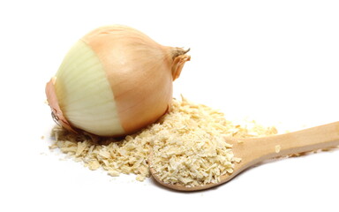 Pile dry chopped onion in wooden spoon and fresh onion isolated on white background 