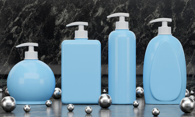 Wall Mural - 3d render illustration of a set of liquid antibacterial soap mockups on marble background