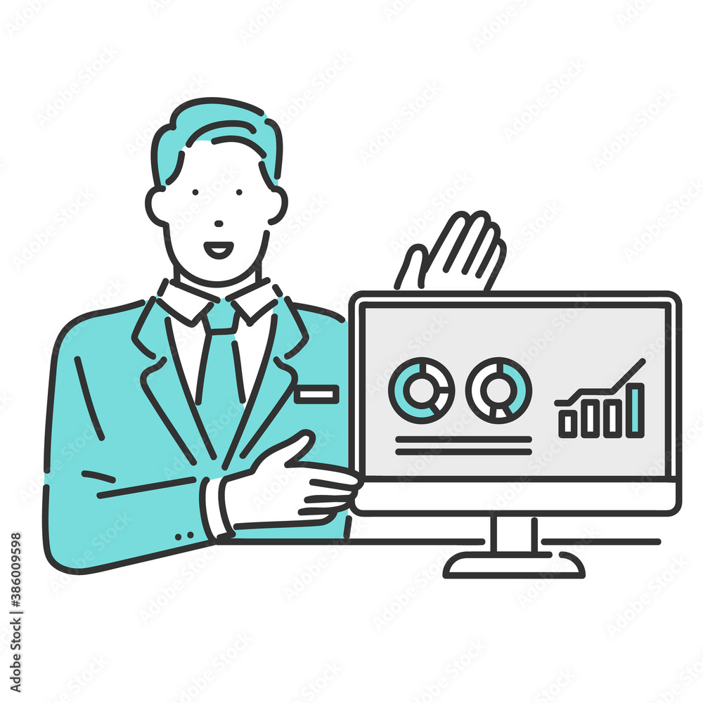 パソコンの画面を指して顧客に案内をするビジネスパーソンのイラスト素材 Wall Mural Emma