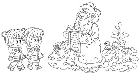 Santa Claus smiling and giving his magical Christmas presents to happy and merry small children, black and white outline vector cartoon illustration for a coloring book page