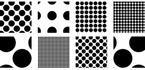 Fototapete - Black and white seamless circles, dots, speckles pattern set. Monochrome stipple, stippling, halftone background set. Vector