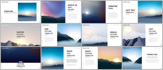 Presentation design vector templates, multipurpose template for presentation slide, brochure cover, report. Fog, sunrise in morning and sunset in evening. Nature landscape backgrounds with mountains.