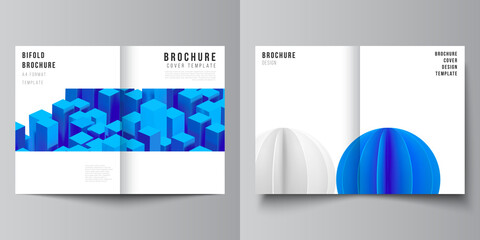 Vector layout of two A4 cover mockups templates for bifold brochure, flyer, magazine, cover design, book design. 3d render vector composition with dynamic realistic geometric blue shapes in motion.