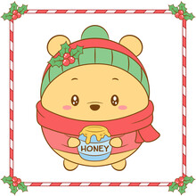 Merry Christmas Cute Coloring Winnie The Pooh Bear Drawing With Red Berry And Green Scarf For Winter Season