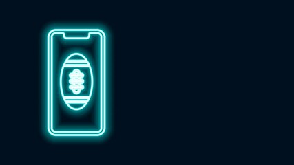 Sticker - Glowing neon line Smartphone with american football ball on the screen icon isolated on black background. Online football game for mobile phone. 4K Video motion graphic animation