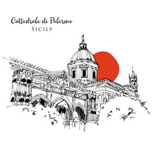 Drawing Sketch Illustration Of Palermo Cathedral, Sicily