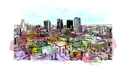 Building view with landmark of Birmingham is a city in the north central region of the U.S. state of Alabama. Watercolor splash with hand drawn sketch illustration in vector.