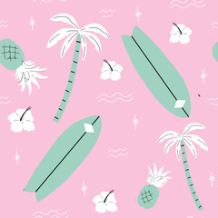 seamless pink and green palm trees pattern. repeating vector beach and surfing pattern with surf boards.