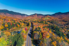 Road Leading To Ski Resort In Stowe, Vermont. Aerial View With Fall Scenery