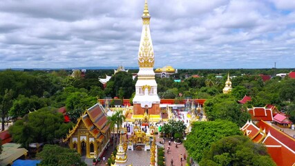 Wall Mural - Aerial view: Wat Phra That Phanom Buddhism Temple. Nakhon phanom Thailand. This structure contains The Buddha's breast bone, High 53.6m Top Adorned with Gold 110kg Popular destination for tourist.