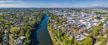 Aerial Drone Panoramic View Over The Waikato River As It Cuts Through The City Of Hamilton, In The Waikato Region Of New Zealand