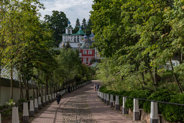 Wall Mural - View form thr Bloody Path on Uspenskaya square with Sacristy, belfry, Uspensky (Assumption) cathedral in the Dormition Pskovo-Pechersky Monastery