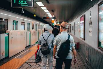 Sapporo, Hokkaido Japan - September 2nd 2019: An elderly Japanese couple walking along a train platform in Sapporo.