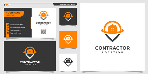 Wall Mural - Contractor logo with pin location outline style and business card design Premium Vector