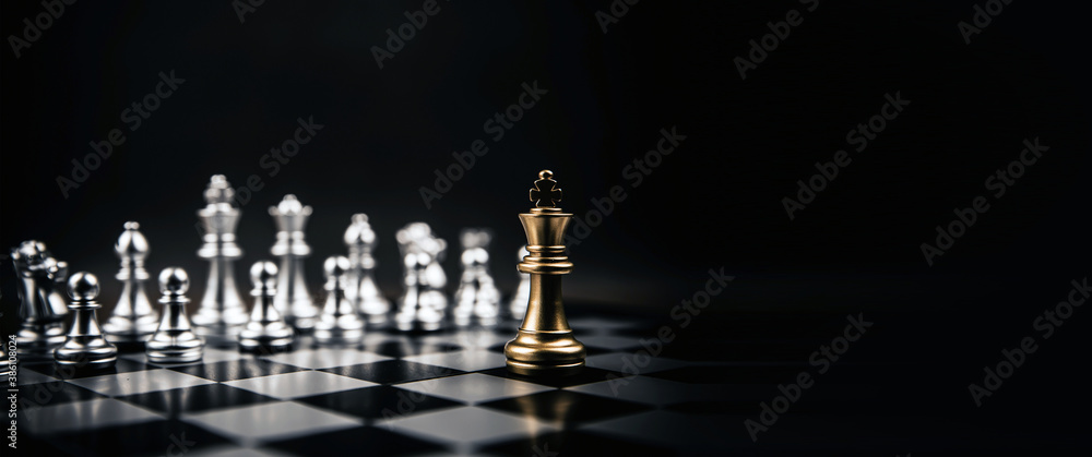 King golden chess standing confront of the silver chess team to challenge concepts of leadership and business strategy management and leadership - obrazy, fototapety, plakaty 