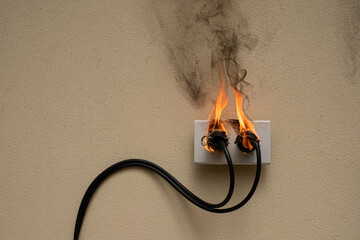 On fire electric wire plug Receptacle on the concrete wall background