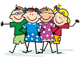 Wall Mural - Four happy kids, girls and boys, funny color vector illustration on white background.