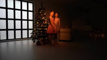 Wall Mural - Smiling Sisters Standing Together and Hugging near Christmas Tree.