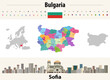 Bulgaria provinces map with capital cities. Sofia cityscape. Bulgaria flag. Vector