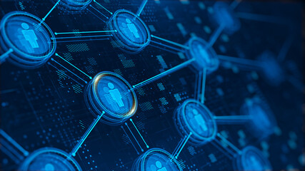 Concept of team, management, social network. Connected circles with people icon on blue background - 3d rendering