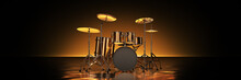 Gold Drum Kit In Golden Background. 3d Rendering	