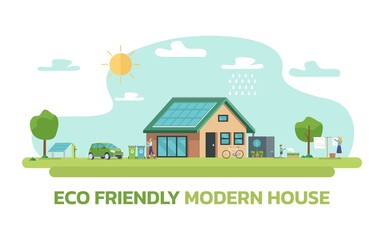 Illustration of happy family and eco friendly sustainable modern house