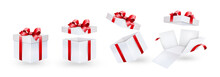 Gift Box With Red Ribbon And Bow. Different Position Of A Festive White Paper Box.