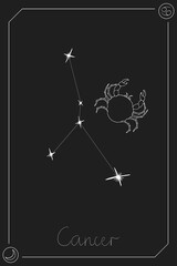 Wall Mural - Cancer horoscope card with constelation, zodiac sign and a patronizing planet. Hand drawn vector illustration on dark background. Taro card.