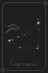 Wall Mural - Capricornus horoscope card with constelation, zodiac sign and a patronizing planet. Hand drawn vector illustration on dark background. Taro card.